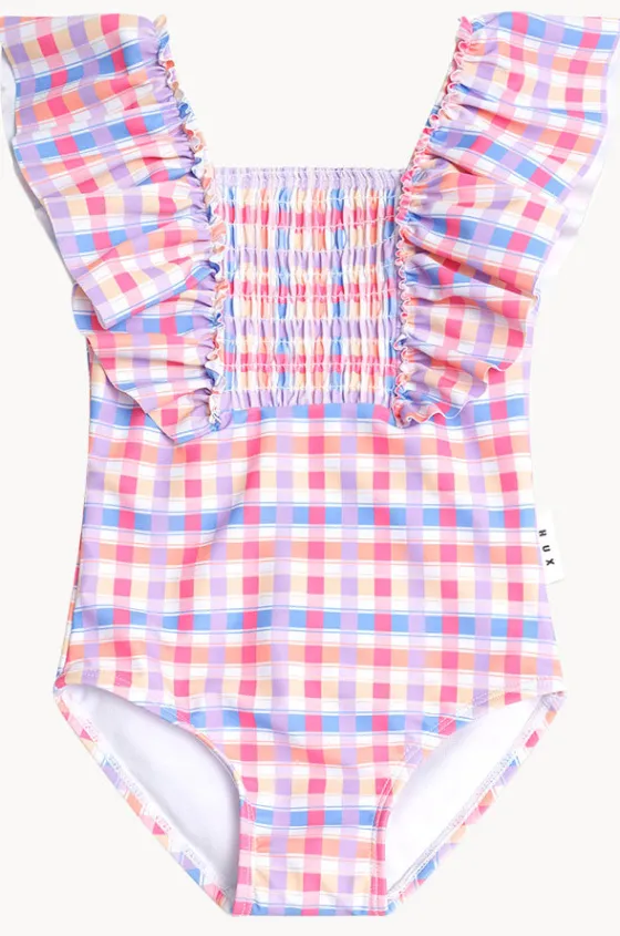 Girls Rainbow Check Shirred Frill One Piece|Huxbaby Best
