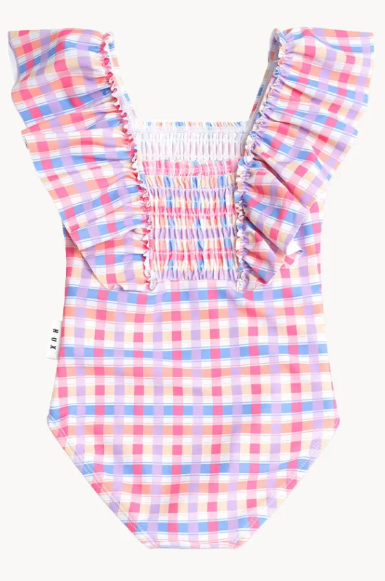 Girls Rainbow Check Shirred Frill One Piece|Huxbaby Best