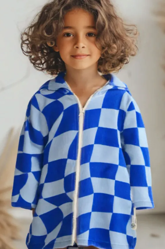 Kids Tidal Checker Hooded Towelling Robe 3-5Y|Back Beach Co New