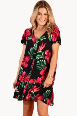 Pink Hibiscus Cap Sleeve Button Dress|Go Girl Discount