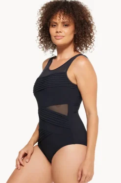 Plain Mesh Pleated High Neck One Piece|Togs Swimwear Online